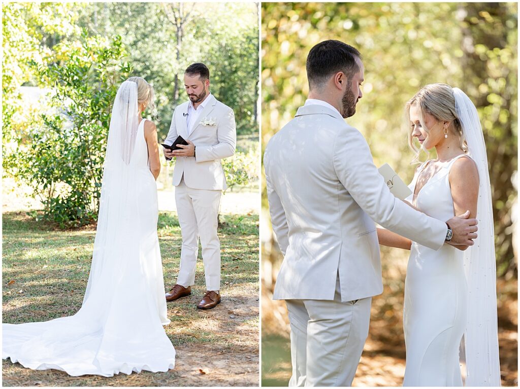 Bride and groom reading vows to each other in the grounds of Koury Farms