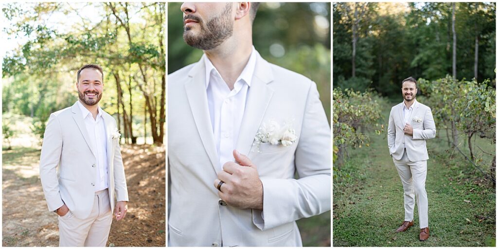 Groom portraits at neutral wedding color palette wedding at Koury Farms