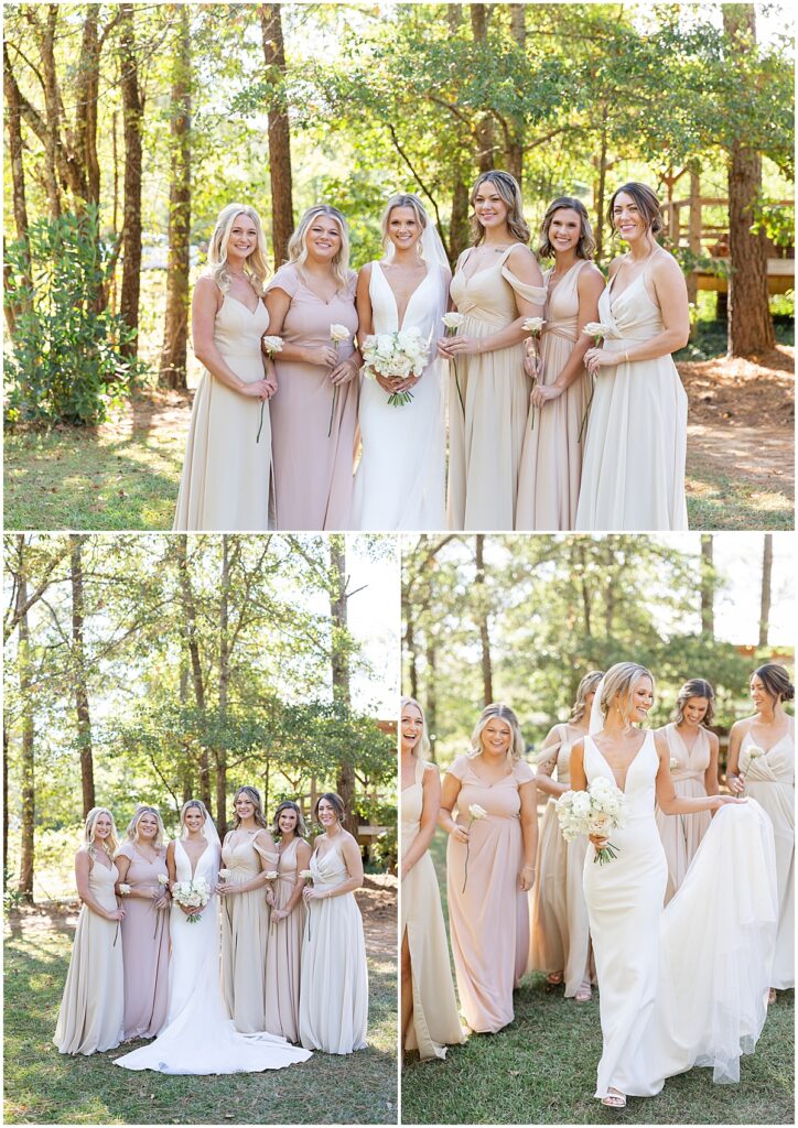 Bride with bridesmaids wearing cream dresses for a neutral wedding color palette