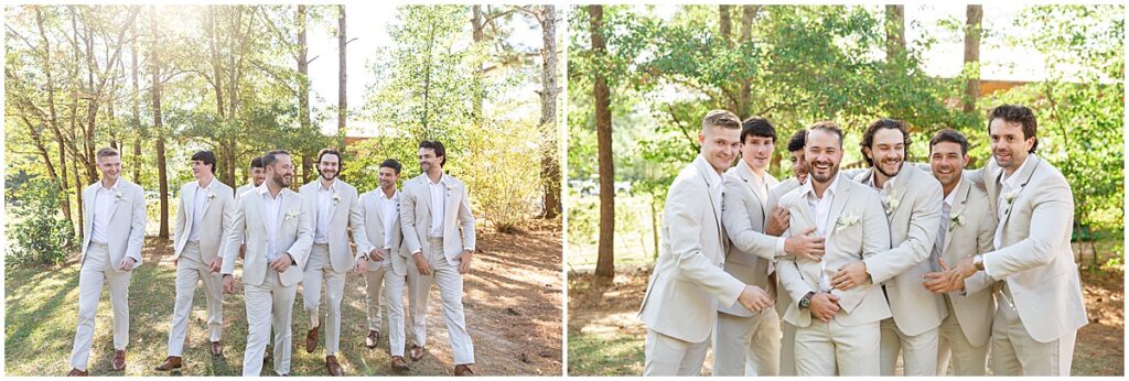 Groomsmen wearing cream suits for neutral wedding color palette