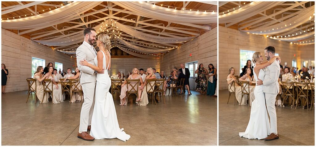 Bride and groom first dance at Koury Farms wedding venue in North Georgia