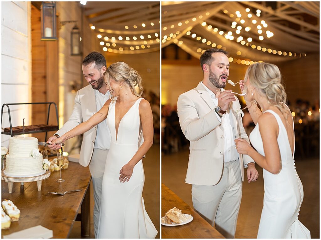 Bride and groom cutting cake at Koury Farms wedding venue