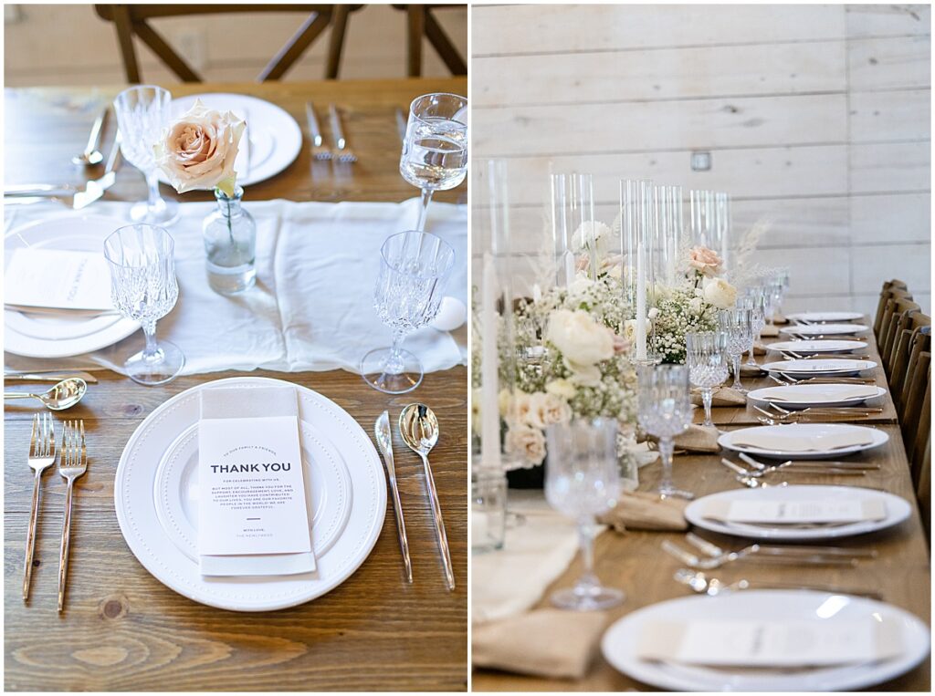 wedding reception decor with a neutral wedding color palette at Koury Farms