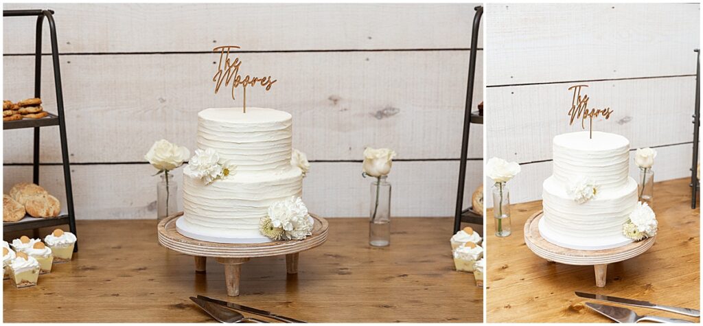 wedding cake at reception at Koury Farms