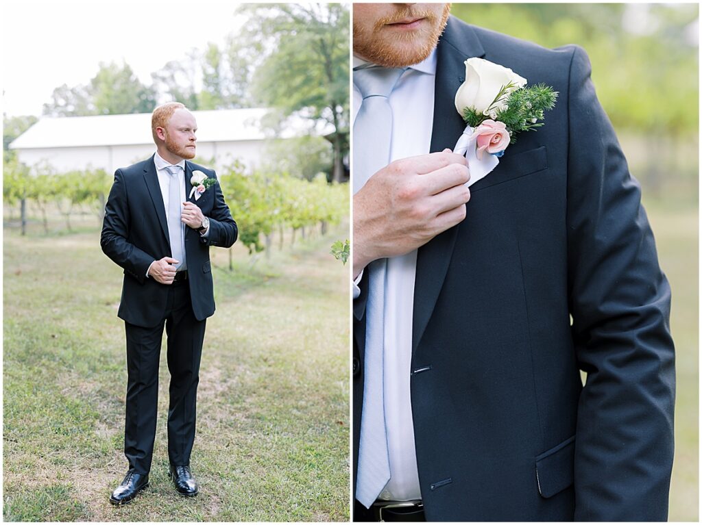 Groom in the ground of Koury Farms and adjusting his boutainnaire