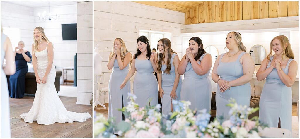 brides first look with bridesmaids