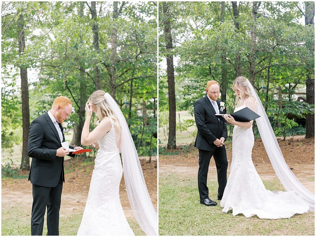 Bride and groom reading each other notes at Koury Farms wedding