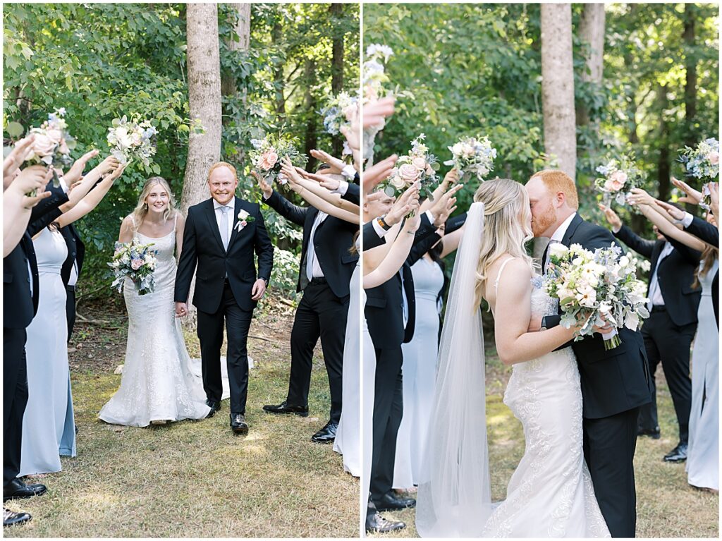 Bride and groom with bridal party in the wooded area of Koury Farms