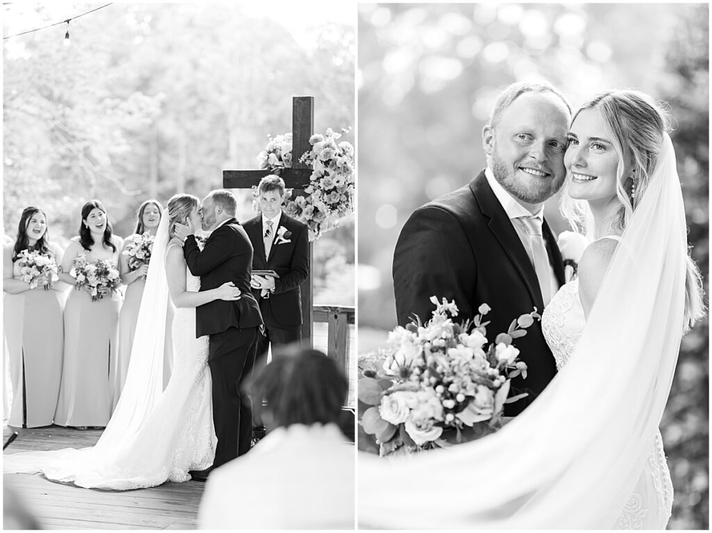 Black and white shots of the bride and groom at summer vineyard wedding at Koury Farms