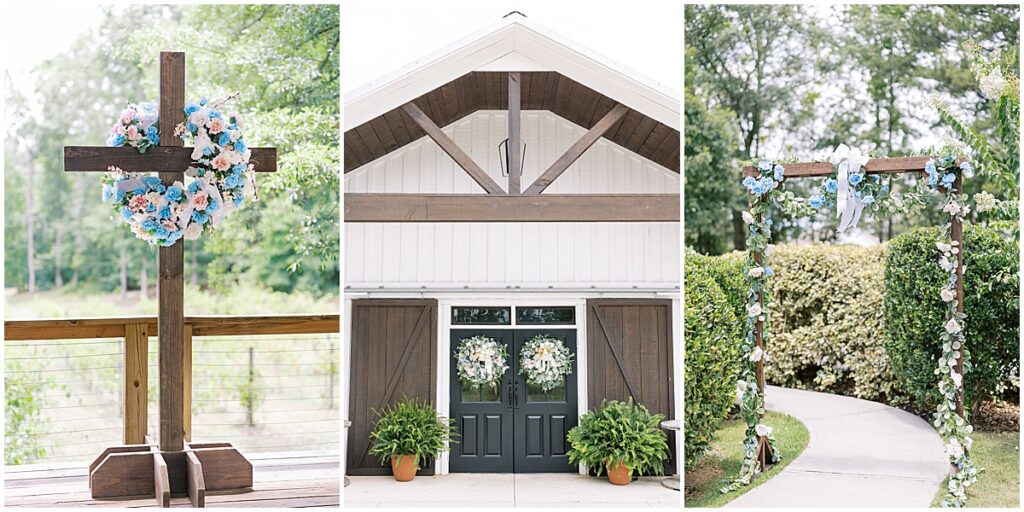 Florals on a cross and arch and outside doors at Koury Farms wedding venue