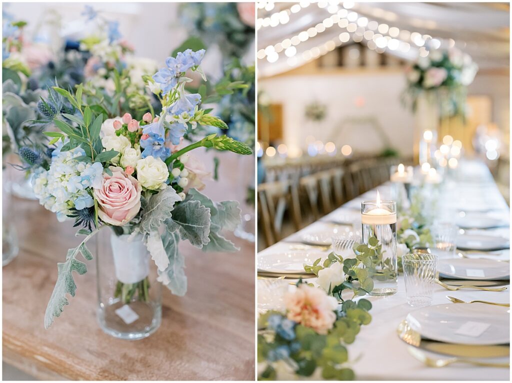 Blue, pink and ivory florals for wedding reception at Koury farms