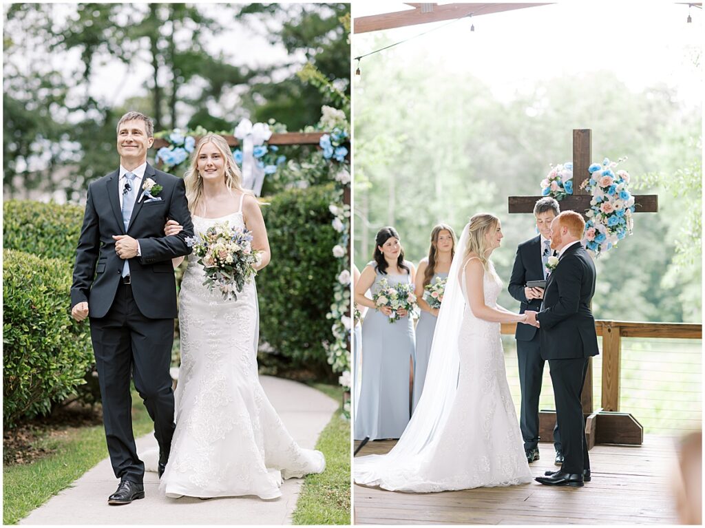 wedding at Koury farms wedding venue, bride walking down the aisle and holding hands with groom