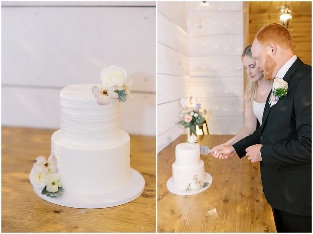 bride and groom cutting cake at wedding reception at vineyard wedding at Koury Farms