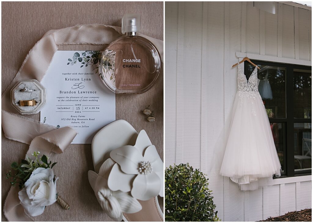 wedding details including dress hanging up, wedding invitations, florals, rings and perfume