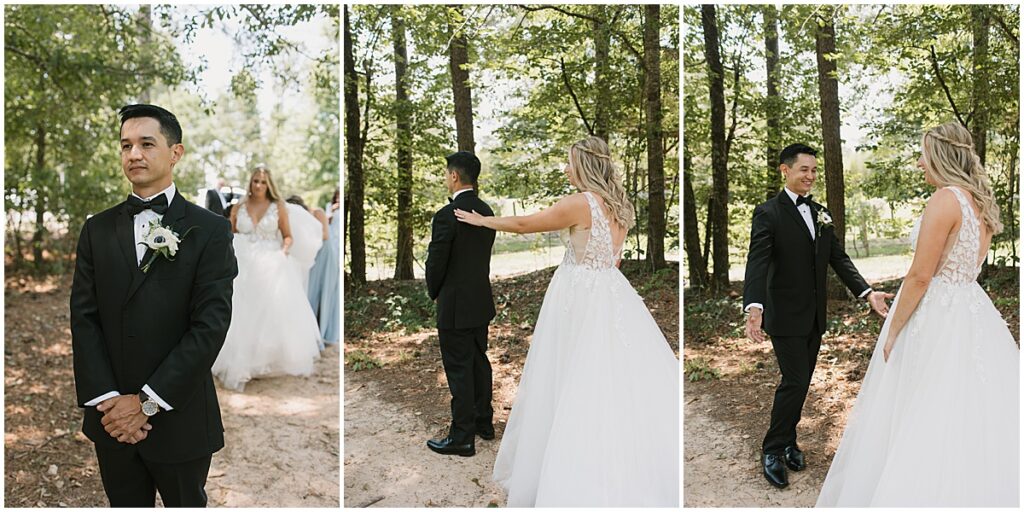 First look for bride and groom before wedding at Koury Farms