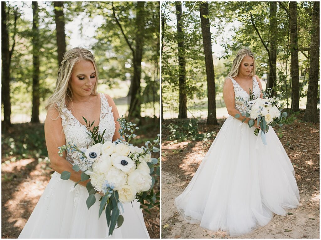 Bride with ivory bouquet in forest area at Koury Farms for elegant fairytale wedding