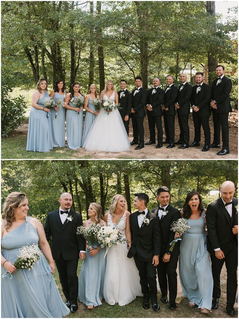 Bride and groom with wedding party at Koury Farms forest area, bridesmaids wearing baby blue dresses