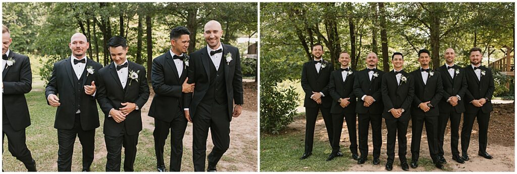 Groomsmen wearing black tuxedos in the grounds of Koury Farms