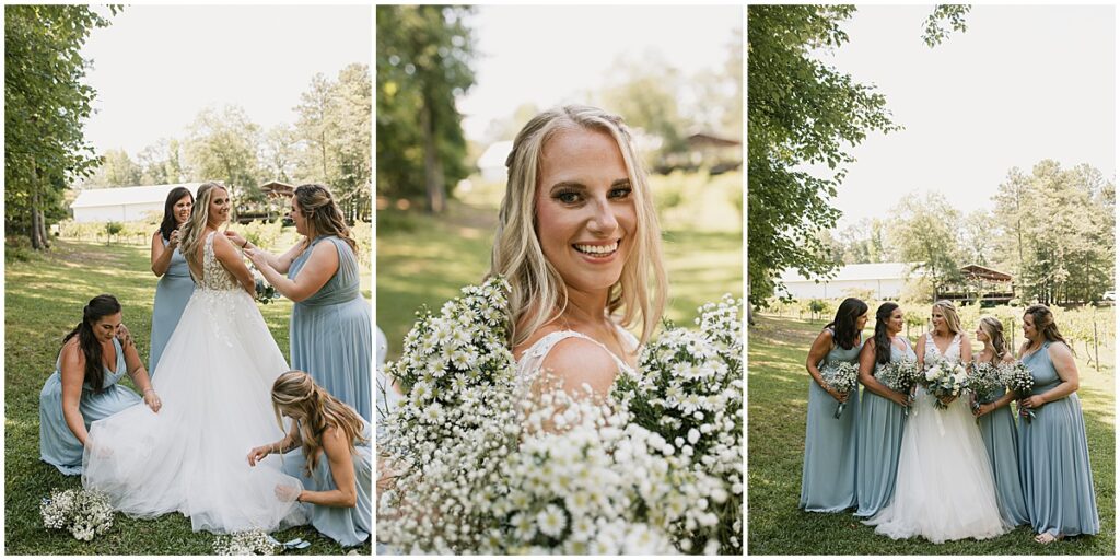 Bride with bridesmaids wearing baby blue dresses and carrying white florals