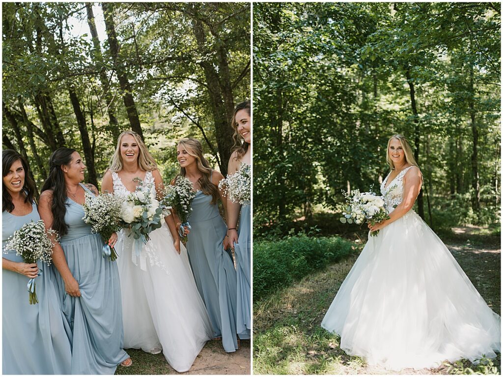 Bride with bridesmaids in forest area at Koury Farms with white bouquet