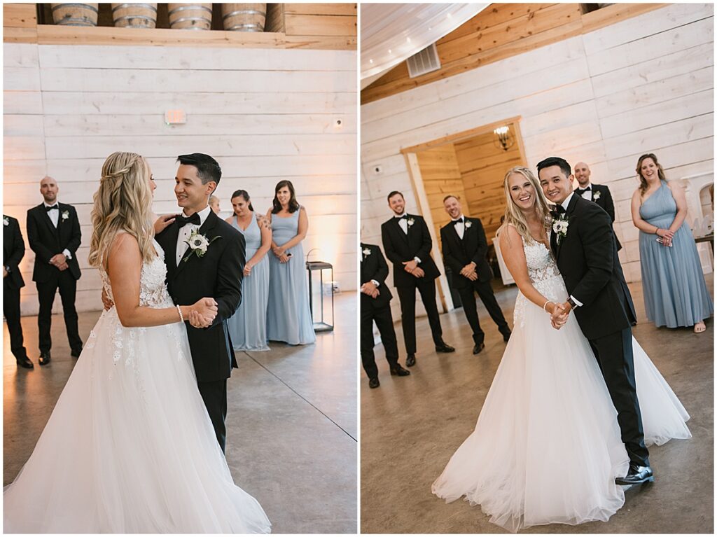 Bride and groom first dance at elegant fairytale wedding at Koury Farms