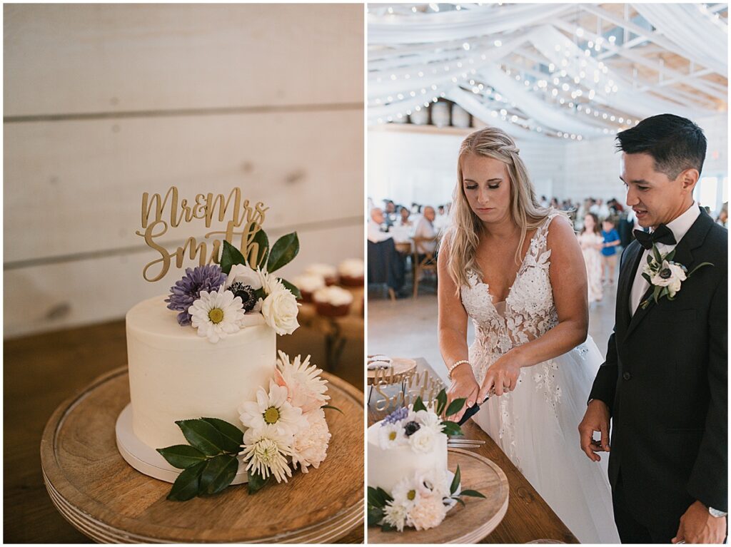 Bride and groom cutting their wedding cake at Koury Farms