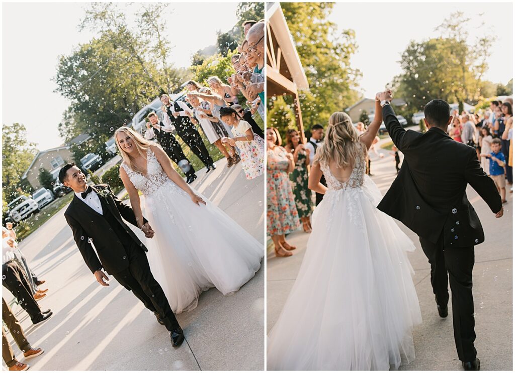 wedding exit with bubbles at Koury Farms