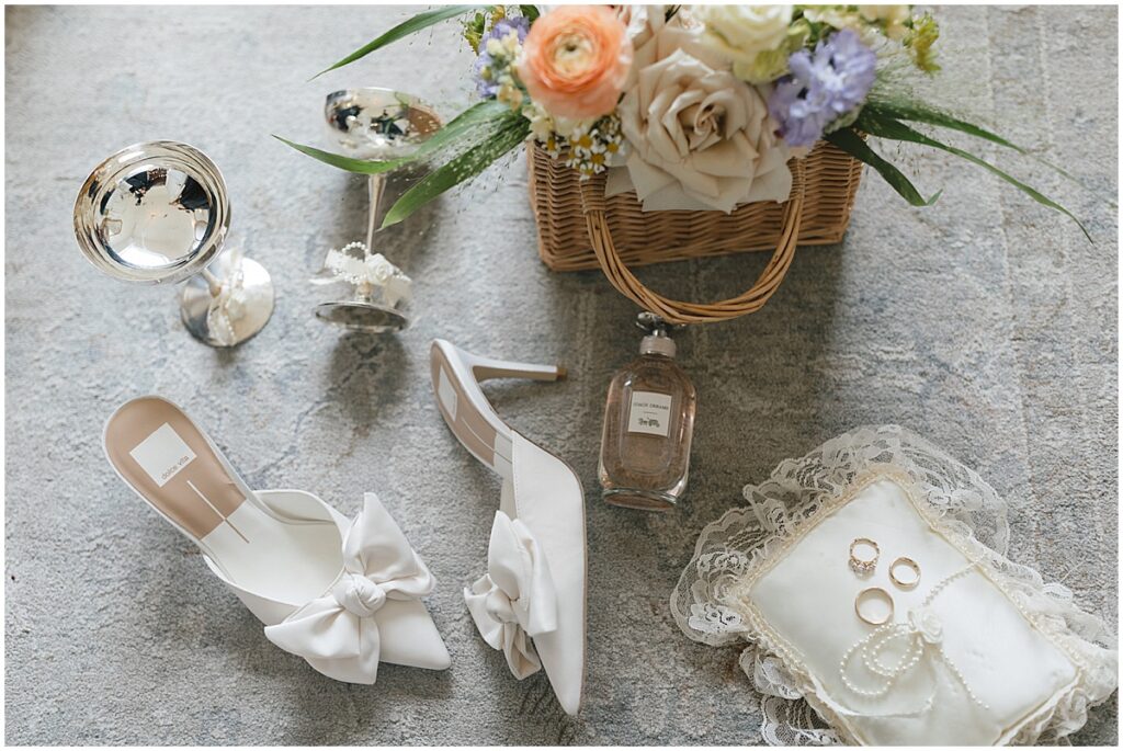 wedding details including shoes and rings, florals, perfume