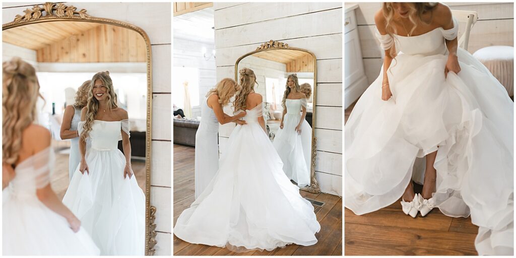 bride getting into dress and putting on shoes in bridal suite