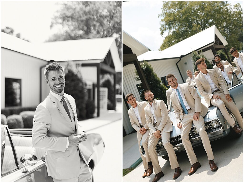 Groom with groomsmen sitting on a vintage blue car