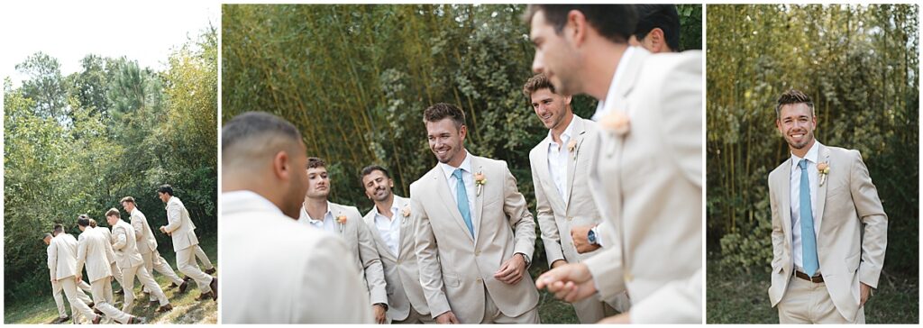 Groom with groomsmen wearing tan suits