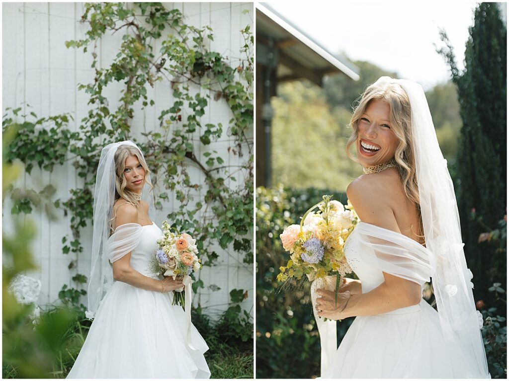 Bridal portaits holding bouquet of pastel florals