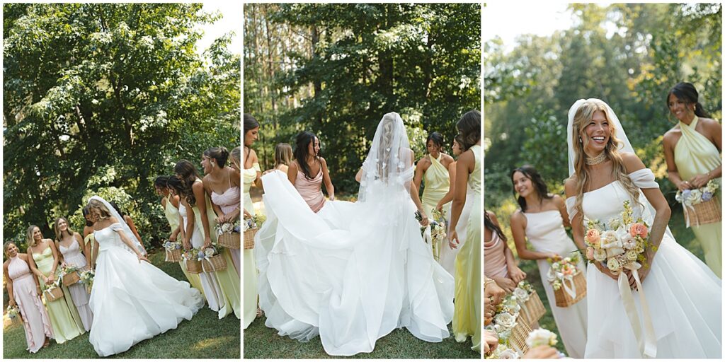 Bride with bridesmaids at elegant pastel wedding at Koury Farms, North Georgia