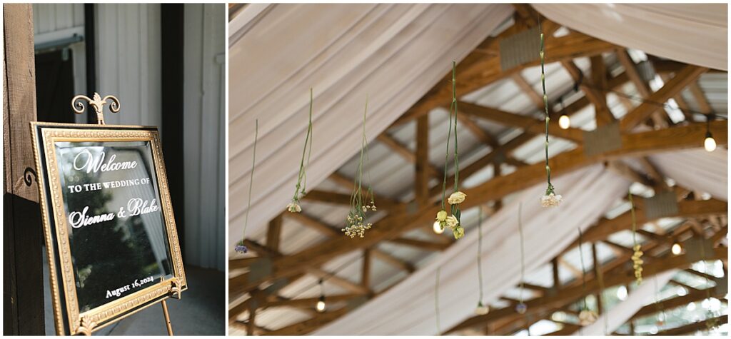 Wedding signage and flowers hun from the ceiling