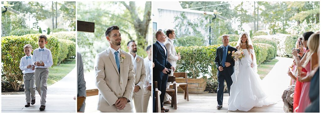 Groom looking at bride walk down the aisle at Koury Farms