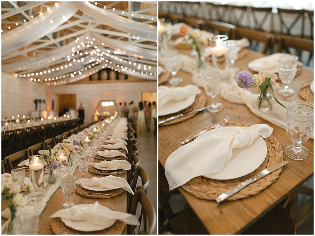 wedding table decor for elegant pastel wedding at Koury Farms