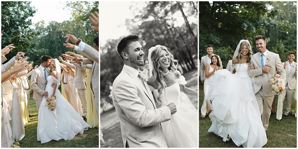 Bride and groom with wedding party at elegant pastel wedding at Koury Farms, North Georgia