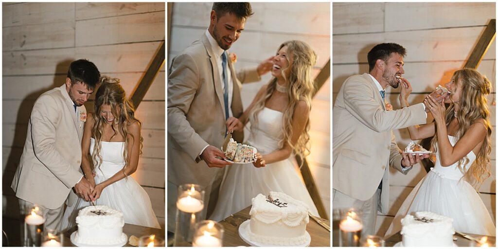 Couples sharing wedding cake at Koury farms wedding