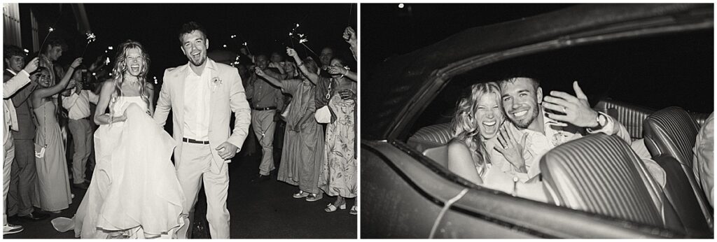 couple wedding exit with sparklers and vintage car