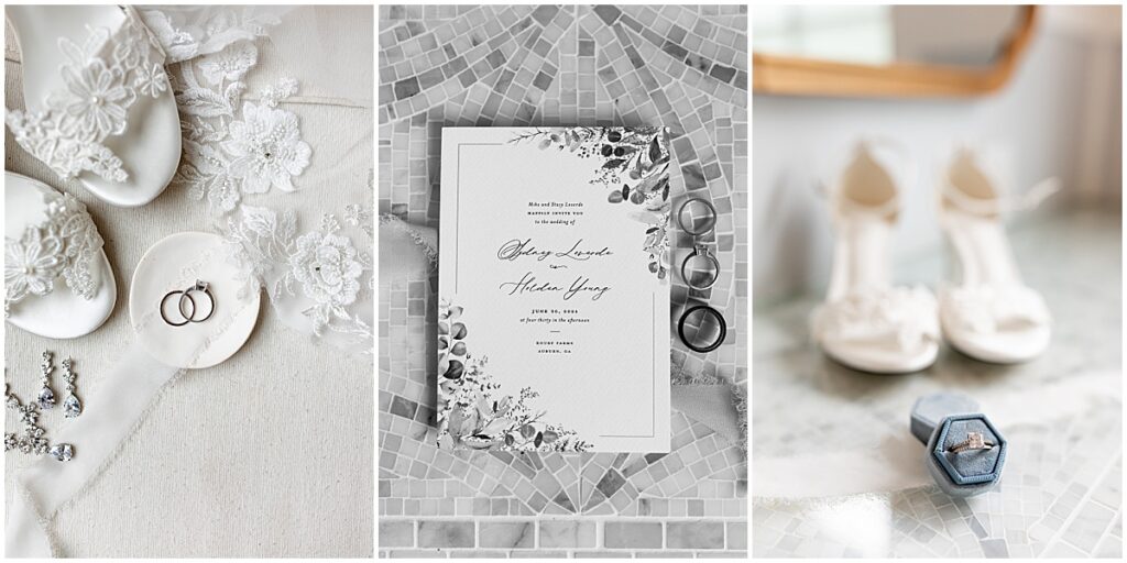 wedding details including rings and shoes and invites