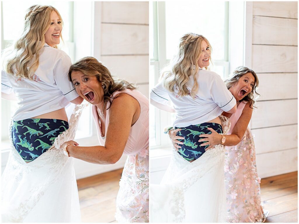 Bride showing dino underpants at unique wedding in North Georgia