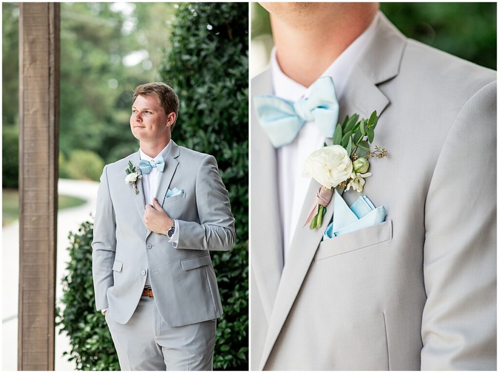 Groom wearing light grey suit with blue bowtie