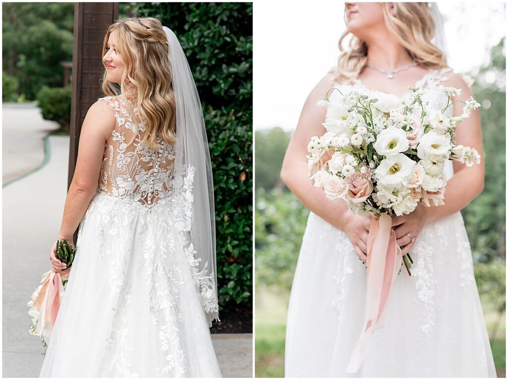 Bride showing back of dress and holding floral bouquet