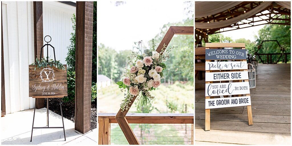 Wedding signage and wooden hexagon ceremony centerpiece