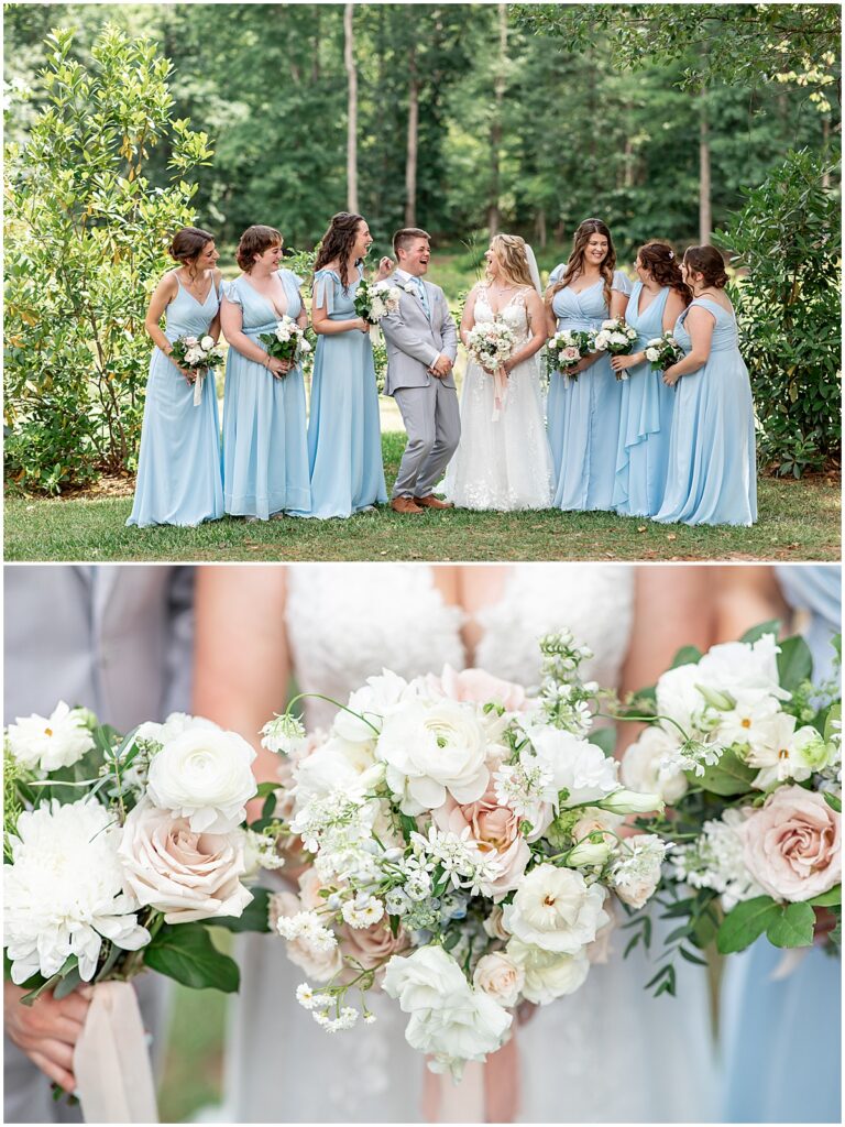 bridal party with close up of floral bouquets