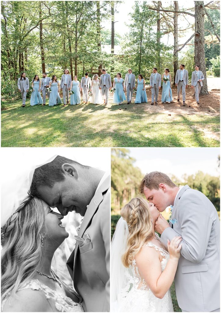 bridal party at bride and groom kissing at unique wedding in North Georgia