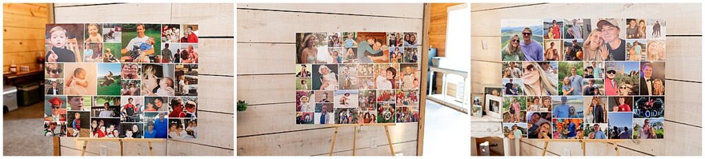 Photos displayed of bride and groom and couple together at unique wedding in North Georgia