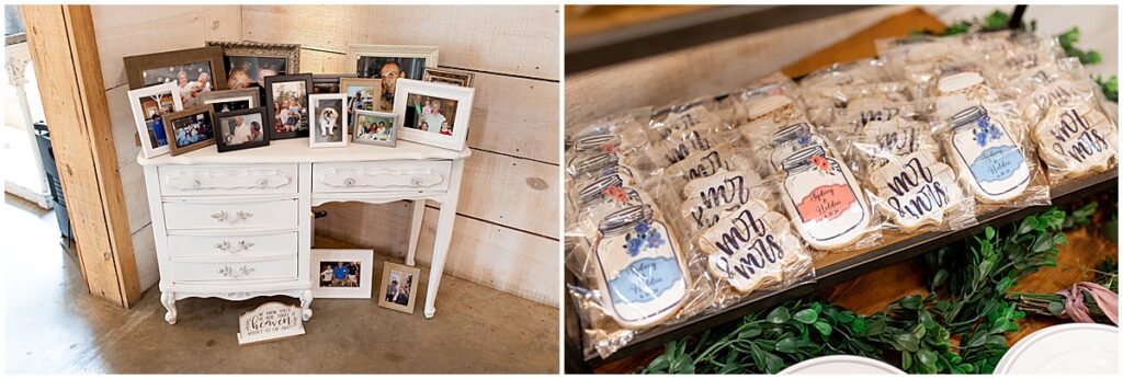 custom wedding cookies and photos on a vintage dresser