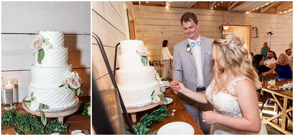 Bride and groom cutting 3 tiered cake at Koury Farms