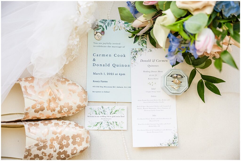 Wedding details including invitations, rings, florals, shoes
